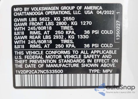 2022 Volkswagen Atlas 2.0T Se z USA, uszkodzony, nr VIN 1V2DP2CA7NC533500